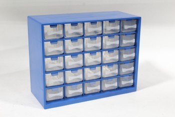 Cabinet, Parts, 25 (5x5) CLEAR PARTS DRAWERS, BLUE FRAME, PLASTIC, BLUE