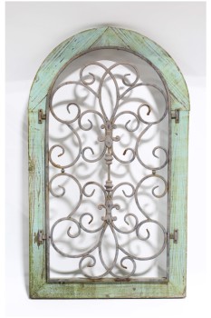 Building, Misc, ARCHITECTURAL SALVAGE, ARCHED WOOD WINDOW, ROUNDED TOP, DISTRESSED LIGHT GREEN PAINT, ORNATE IRON FRONT, WOOD, GREEN
