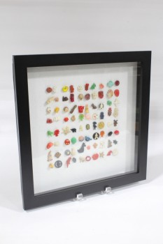 Wall Dec, Collection, CLEARABLE, COLOURFUL UNIQUE COLLECTION OF SMALL VINTAGE & ANTIQUE BUTTONS, ARTS & CRAFTS, ROWS, BLACK SQUARE SHADOW BOX FRAME W/WHITE BACKING, BLACK