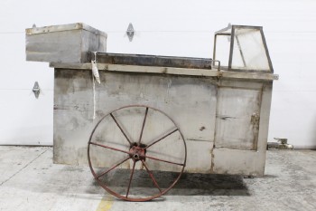 Cart, Vending , STREET FOOD CART W/TRAILER HITCH, CHARRED GRILL, PLEXI DISPLAY, 2 LATCHED BOXES ON BACK, METAL WHEELS, VERY AGED, DISTRESSED, METAL, SILVER