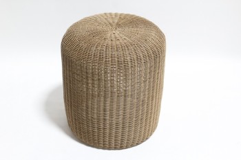 Table, Side, WOVEN BASKET TABLE, NESTING POUF (SET OF 3), BOTTOM OPEN, COULD BE END TABLE, STOOL OR BIN, WICKER, BROWN
