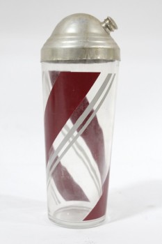 Bar, Tool, VINTAGE, MARTINI/COCKTAIL SHAKER, RED & WHITE STRIPES, METAL LID , GLASS, CLEAR