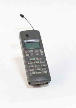 Phone, Cellular, 1990s (CIRCA 1992), HANDHELD, W/ANTENNA & BATTERY, PLASTIC, GREY