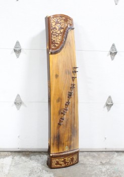 Music, String, CHINESE HARP A.K.A. PLUCKED BOX ZITHER / GUZHENG / ZHENG / GU ZHENG, ASIAN STRINGED INSTRUMENT, CHORDOPHONE OR SOUND BOARD, CARVED BIRDS & FLOWERS, USED, STRINGS MISSING, WOOD, BROWN