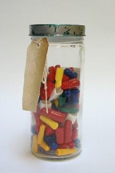 Decorative, Dressed Jar, FILLED 3/4 W/COLOURED PLASTIC TIPS,SILVER/GRN SCREW TOP, GLASS, MULTI-COLORED