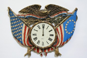 Clock, Wall, EAGLE W/AMERICAN FLAGS, ROMAN NUMERALS, AMERICANA, 1970s, U.S.A., PLASTIC, MULTI-COLORED