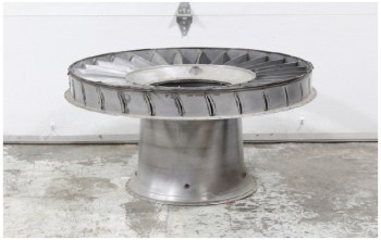 Table, Coffee Table, ROUND GLASS TOP, ALUMINUM AIRPLANE / JET ENGINE FAN BASE, INDUSTRIAL SALVAGE, GLASS, GREY