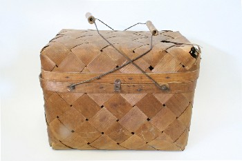 Basket, Picnic, WOVEN SLATS,HINGED LID, WOODEN HANDLES, AGED, Condition Not Identical To  Photo, WOOD, BROWN