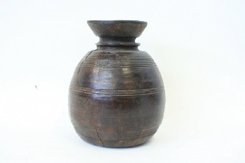 Vase, Wood, GROOVED BANDS,LARGE CRACK, RUSTIC, WOOD, BROWN