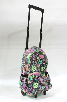 Luggage, Backpack, KIDS, NEON PATTERN W/HEARTS & PEACE SIGNS, RETRACTABLE HANDLE & WHEELS, VINYL, MULTI-COLORED