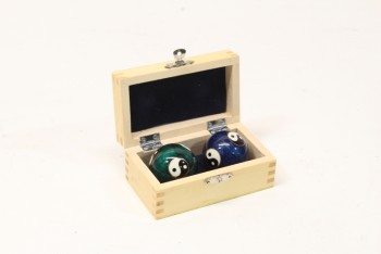 Decorative, Asian Smalls, HEALTH BALLS IN SMALL WOOD BOX, BLUE & GREEN BALLS W/YIN YANG SYMBOLS, WOOD, BEIGE