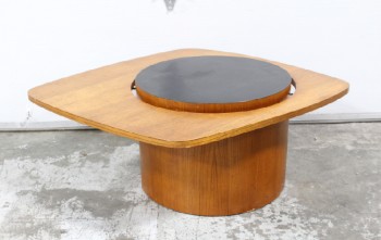 Table, Coffee Table, VINTAGE, MID CENTURY, ABSTRACT TEAK TOP W/ROUND CENTRE COLUMN, BLACK SURFACE, WOOD, BROWN