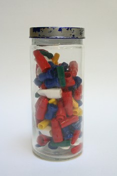 Decorative, Dressed Jar, FILLED W/COLOURED PLASTIC TIPS,SILVER/BLUE SCREW TOP, GLASS, MULTI-COLORED