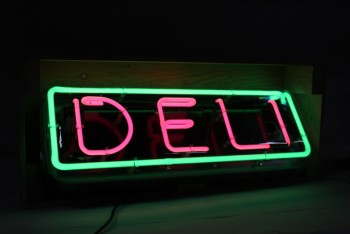 Neon, Miscellaneous, CLEARABLE, "DELI," PINK LETTERS, GREEN BORDER, CLEAR PLASTIC CASE, PINK