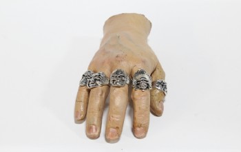 Decorative, Hand, REALISTIC FAKE HAND, SEVERED LOOK, 5 BIKER & SKULL RINGS, PLASTIC, WHITE