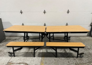 Table, Folding, CAFETERIA / BREAKROOM / LUNCHROOM / CAMPUS / EVENT, FOLDING MOBILE TABLE W/CONNECTED BENCHES, BLACK METAL FRAME W/BROWN LAMINATE BENCH SEATING & TABLE TOPS, ROLLING - Measurements Are For Unit Folded Out To 8FT Wide. Photos Show Tables Folded Up For Transport & Storage., METAL, BROWN