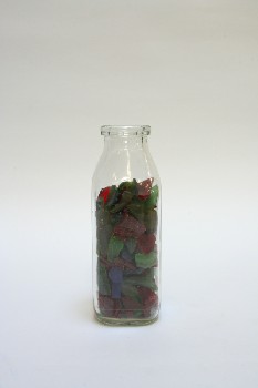 Decorative, Bottle, FILLED 3/4 W/COLOURED GLASS PIECES,TAPED TOP, GLASS, MULTI-COLORED