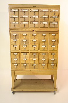 Cabinet, Filing, LIBRARY INDEX CARD CATALOG W/45 DRAWERS & 2 PULLOUT SHELVES - Not Identical To Photo, Rolling Base Missing, WOOD, BROWN