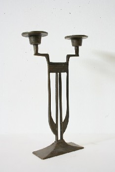 Candles, Candelabra, ART DECO STYLE, 2 HOLDERS ON POST W/4 RODS, RECTANGULAR BASE, METAL, BRASS