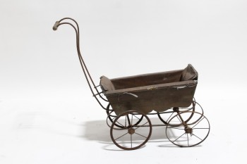 Toy, Wagon, LITTLE OLD WAGON, TURNED WOOD SPINDLE HANDLE, CROOKED, AGED, HAUNTED, WOOD, BROWN