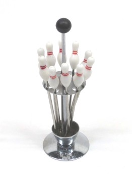 Housewares, Utensil, VINTAGE, 10 BOWLING PIN COCKTAIL FORKS WITH STAND, METAL, SILVER