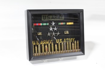 Wall Dec, Collection, CLEARED, DISPLAY OF ASSORTED BAR MEDALS, "U.S." & ARMY PINS & PATCHES, STAR INSIGNIA PINS, ROW OF USED AMMO BULLET & SHELL CASINGS & TIPS, BLACK FRAME & BACKING, METAL, BLACK