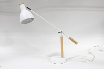 Lighting, Lamp, HEADS PIVOTS/TILTS ON ADJUSTABLE ARM (14-30"H), WOOD POST, 6" ROUND BASE, METAL, BROWN