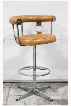 Stool, Backrest, BAR STOOLS, PADDED SWIVEL SEAT & BACK REST, CHROME FOOT REST RING, 4 PRONG "X" BASE, WESTERN LOOK W/RINGS & BANDS, WOOD, BROWN