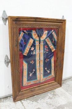 Wall Dec, Shadow Box, DETAILED CHINESE SILK ROBE IN LARGE ANTIQUE CARVED BROWN WOOD FRAME, ASIAN, RED SILK BACKING, WOOD, BROWN