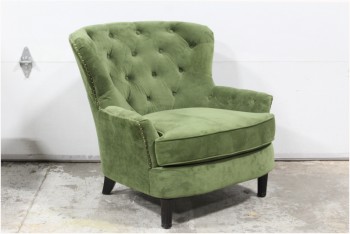 Chair, Armchair, ROUNDED BACK, LOW ARMS, TACK TRIM, BUTTON TUFTED BACK, PLAIN SEAT CUSHION, WOOD LEGS, VELVET, GREEN