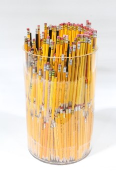 Decorative, Pencil, CLEAR PLEXI CYLINDER FILLED W/MANY PENCILS, PENCIL ART, COLLECTION OR ART OBJECT, HOMEMADE, EPOXIED, WOOD, CLEAR