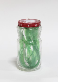 Decorative, Dressed Jar, VINTAGE JAR W/RED SCREW TOP, GREEN PLASTIC RIBBON INSIDE, GLASS, MULTI-COLORED
