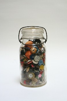 Decorative, Dressed Jar, FILLED W/BUTTONS & BEADS,CLEAR TOP W/METAL CLASP, GLASS, MULTI-COLORED