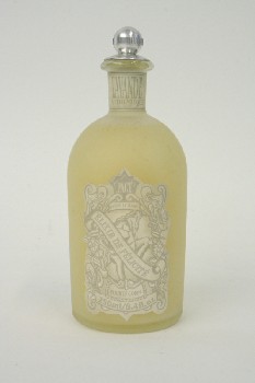 Vanity, Bottle, LOTION,FROSTED,ORNATE LABEL,SILVER CAP, GLASS, BEIGE