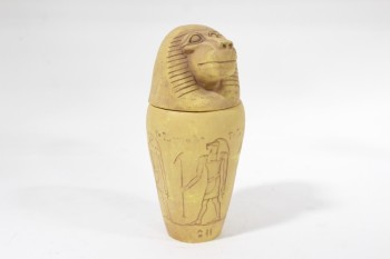 Vase, Urn, EGYPTIAN STYLE W/HIEROGLYPHICS, MONKEY HEAD LID, POTTERY, BROWN