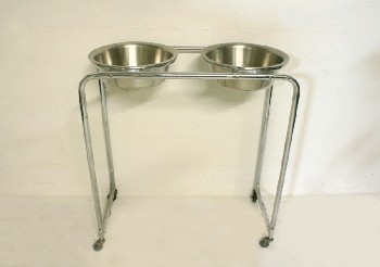 Medical, Stand, HOLDS HOSPITAL BASIN(S) / BOWL(S), DOUBLE HOLDER, ROLLING, STAINLESS STEEL, SILVER