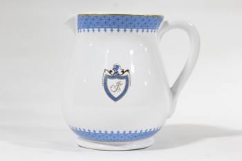 Housewares, Pitcher, WHITE HOUSE, AMERICAN, PATTERNED BORDER, CREST W/KNIGHT, CHINA, WHITE