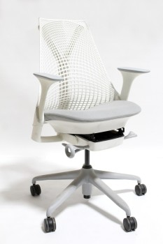 Chair, Office, "SAYL", ERGONOMIC, PERFORATED MESH LATTICE SEAT / BACK, PADDED ARMS, ROLLING, PLASTIC, WHITE