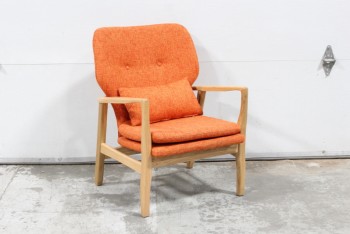Chair, Side, MODERN ACCENT, LIGHT WOOD FRAME, BUTTON TUFTED SEAT BACK, BURNT ORANGE TWEED FABRIC W/1 PILLOW, FABRIC, ORANGE