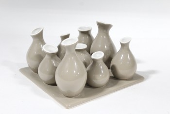 Vase, Bud, 9 GREY & WHITE SMALL VASES OF VARIOUS HEIGHTS ON SQUARE TILE , POTTERY, GREY