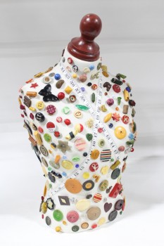Sewing, Dress Form, BUST / TORSO MODEL, COLLECTION OF UNIQUE SMALL VINTAGE COLOURFUL CELLULOID & BAKELITE BUTTONS, SEWN ON, WHITE CANVAS W/BROWN WOOD, RETRO, HAND SEWN W/MEASURING TAPE, SEAMSTRESS/TAILOR, ARTS & CRAFTS, FABRIC, MULTI-COLORED