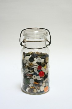 Decorative, Dressed Jar, FILLED 3/4 W/BUTTONS, CLEAR TOP W/METAL CLASP, GLASS, MULTI-COLORED