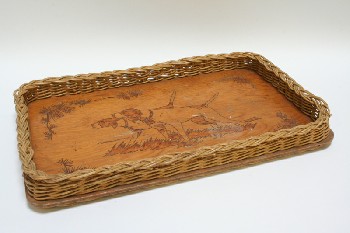 Housewares, Tray, SERVING, WICKER TRIM, 2 HUNTING DOGS, PINE CONE BORDER, VINTAGE, WOOD, BROWN