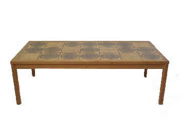 Table, Coffee Table, VINTAGE, TILE TOP W/CIRCLES IN SQUARES, WOOD, BROWN