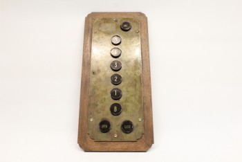 Elevator, Hardware, BRASS PANEL ON WOOD FRAME W/BLACK CALL BUTTONS, WOOD, BRASS