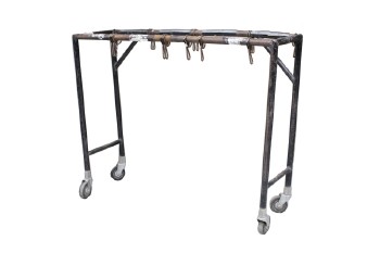 Rack, Miscellaneous, INDUSTRIAL,4 LEG 2 BEAM FRAME W/WHEELS, HOOKS & HANGING CLIPS ATTACHED , METAL, BLACK