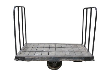 Cart, Misc, INDUSTRIAL WOOD & IRON FLAT DECK PLATFORM CART, 2 LG & 2 SM WHEELS, ROUNDED METAL END BARS, VINTAGE RAILROAD / FACTORY ETC., METAL, BLACK