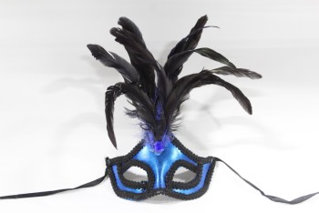 Decorative, Mask, COSTUME,BLUE & BLACK FEATHERS, ORNATE BLACK RIBBON TRIM, FABRIC, BLACK