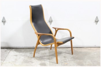 Chair, Lounge, MID-CENTURY MODERN, VINTAGE TEAK, CURVED BACK & ARMS, BLACK LEATHER SEAT, SWEDISH LAMINO, WOOD, BROWN