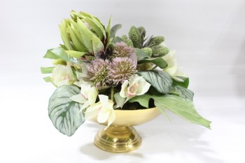 Plant, Fake, FLORAL ARRANGEMENT FEATURING WHITE FLOWERS, LEAVES, IN GOLD COLOURED BOWL PLANTER, PLASTIC, MULTI-COLORED